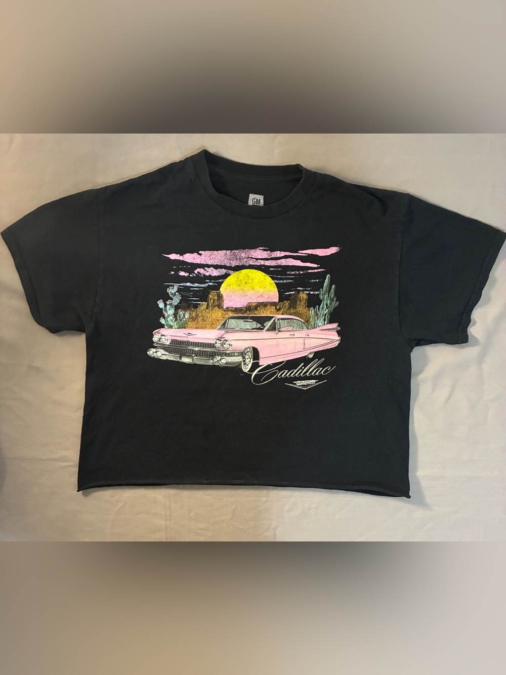 Cadillac Graphic Crop Top - Black with Pink Car Print